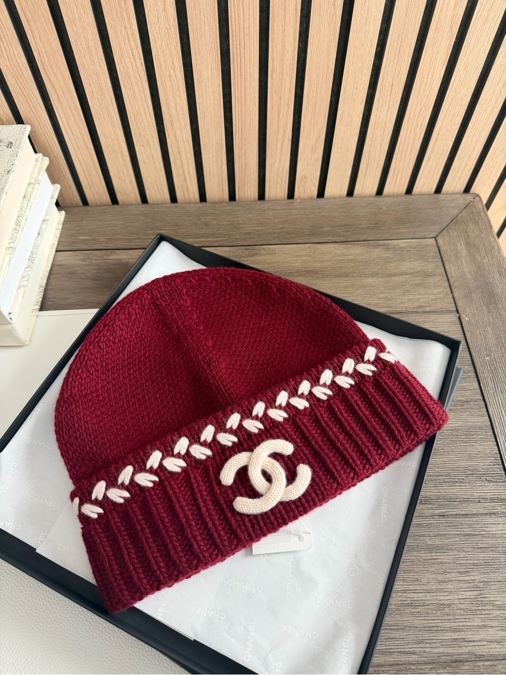 CHANEL Kids Burgundy Knit Beanie with Cream CC Emblem